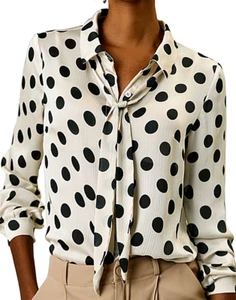 WOMENS L ALLEGRA K LONG SLEEVE BUTTON-UP POLKA DOT BOW TIE NECK TOP, LIGHT BEIGE - Picture 1 of 8