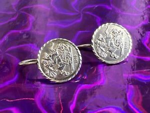 Vintage Sterling Silver 925 George & Dragon Coin Hook Through Earrings