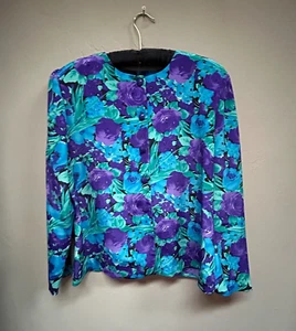 Vintage Via Sant Andrea Womens Size 14 Purple Blue Floral Blouse Long Sleeve Top - Picture 1 of 8