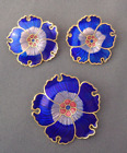 Vintage 1970s 80s Cloisonne SET Flower Brooch CLIP Earrings Cobalt Blue Gold Pl