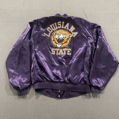 Vintage LSU Tigers Jacket Mens Large 80s Satin Bomber USA Made Purple Big Logo Cover