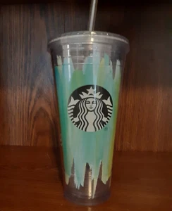 Starbucks Tumbler Cold Cup grün Aquarell Pinselstriche 20 oz - Bild 1 von 5