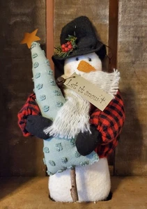 Primitive Snowman with Tree...Winter/Farmhouse/Handmade/Cottagecore Decor - Picture 1 of 3
