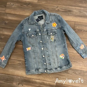 Lucky Brand Distressed Boyfriend Jeansjacke individuelle Boho Patches #20 neu mit Etikett - Bild 1 von 8