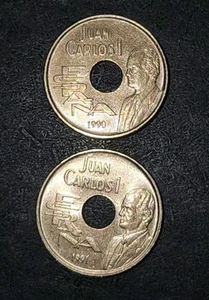 Spain 25 Pesetas 1990 & 1991 AU "Juan Carlos" - Picture 1 of 2