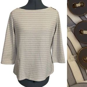 J McLaughlin Gray White Striped Boatneck Catalina Cloth 3/4 Sleeve Top Coastal L - Picture 1 of 8
