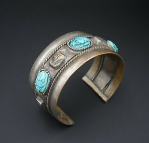 Vtg Tibetan Silver Carved Stone Egyptian Scarab Wide Cuff Bracelet 7.5" BS2273