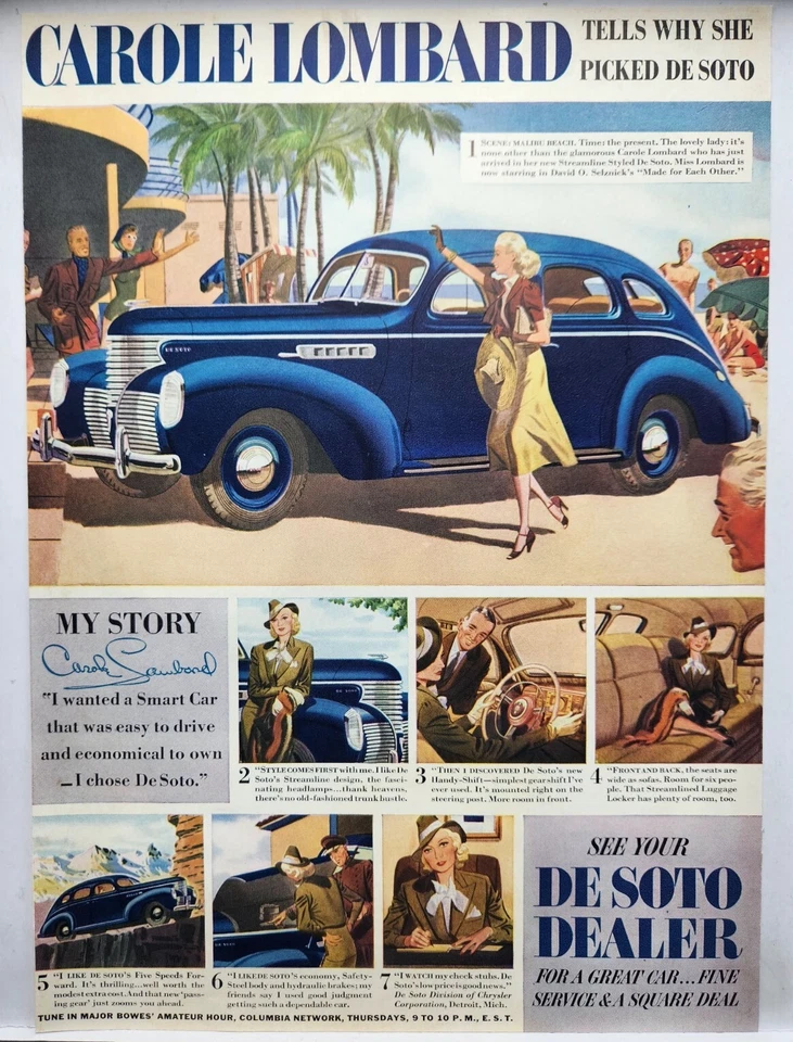 1938 Desoto Carole Lombard Azul Vintage Impreso Anuncio Hombre Cueva Póster Arte Años 30 Foto 1 de 1