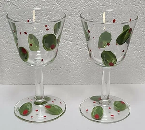 Vintage Hand Painted Olives Cordial glasses Signed JM Set of Two Pre-owned - Picture 1 of 4