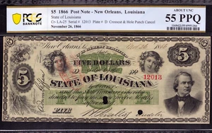 1866 5 $ STATE OF LOUISIANA NEW ORLEANS OBSOLETE POST NOTE PCGS CA. UNC 55 PPQ - Bild 1 von 4