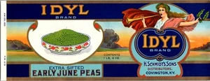 Label Idyl Brand Early June Peas Schmidt's Sons Dist. Covington KY Kentucky -C - Bild 1 von 1