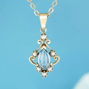 9K Gold Natural Cabochon Blue Topaz and Pearl Vintage Filigree Pendant - Picture 1 of 6