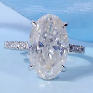 5.34 TCW Oval Cut Moissanite Hidden Halo Engagement Ring 14K White Gold Plated - Picture 1 of 10