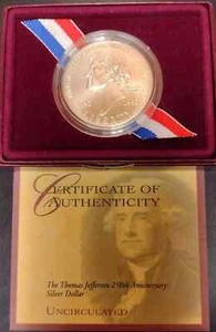 1993 P Thomas Jefferson 200th Comm. Silver Dollar UNC Coin w/ Box & COA PRISTINE - Picture 1 of 2