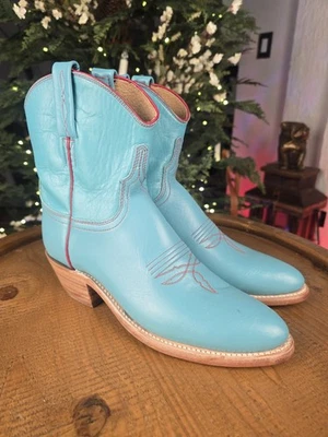LUCCHESE MUJER TALLA 7 TURQUESA CUERO ROSA RIBETE VAQUERA BOTINES HECHOS EN EE. UU.  Foto 1 de 4