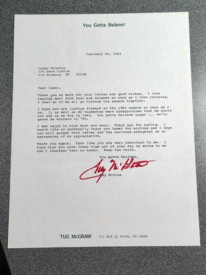 CARTA DE FAN AUTOGRAFIADA REMOLCADOR MCGRAW METS PHILLIES 1983 Foto 1 de 2