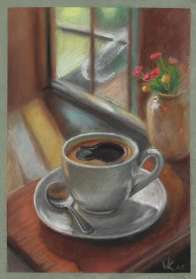 оригинальный рисунок A4 67VsK художественная работа пастель современный реализм утренний кофе - Изображение 1 из 3