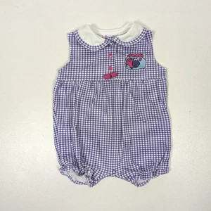 Vintage Small Steps Bubble Strampler Mädchen Größe 12 m lila Gingham Fisch - Bild 1 von 4