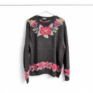 Lands’ End Floral Knit Sweater Black Multicolor Roses Women’s XL Vintage  - Picture 1 of 4