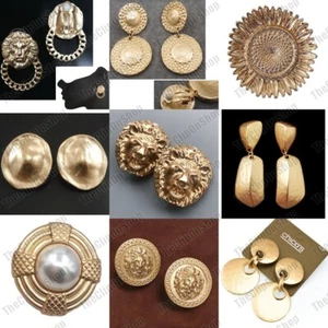 BIG 2.5cm 3cm CLIP ON EARRINGS matt gold tone TEXTURE large RETRO vintage style - Picture 1 of 70