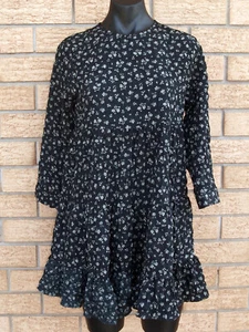 ZARA black floral tiered 3/4 sleeve round neck smock dress above knee XS (8)! - Picture 1 of 10