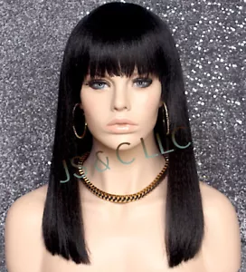 Parrucca completa testurizzata liscia lunga nera capelli smussati Bangs 1B nuova con etichette RDX - Foto 1 di 8