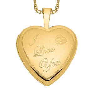 14K Solid Yellow Gold I Love You Heart Photo Locket Necklace - Picture 1 of 12