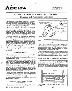 Delta 34-941 3 Knife Mouding Cutter Head Instructions Manual - Foto 1 di 1