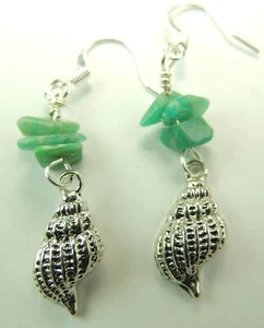 Turquoise Amazonite Chip Dangle Earrings & Sea Shells Beach  Handmade Jewelry - Picture 1 of 1