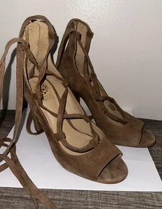 Vince Camuto Womens Beige Heels Leather Sz 8.5 Tannen Ballet Lace Up Peep - Picture 1 of 6