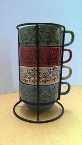 Pier 1 One Imports 4 Stackable Coffee/Tea/Soup Mugs Cups w/Metal Rack