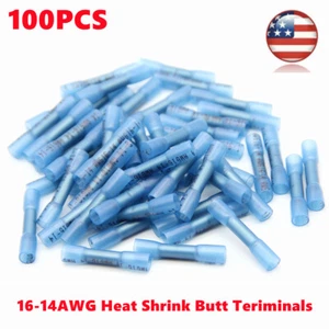 US 100PCS 16-14 Gauge Heat Shrink Butt Crimp Terminals Wire Connectors AWG Blue - Picture 1 of 8