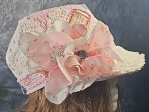OOAK Magnolia Boho Indie Hat Quilt Newsboy Cap Pink Adjustable Women's L 24" - Picture 1 of 18