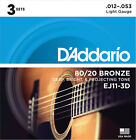 Cordes de guitare acoustique D'Addario EJ11-3D 80/20 bronze, lumière, 12-53, 3 ensembles