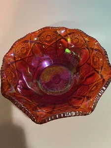 Vintage Red / Orange Iridescent Carnival Glass Bowl Le Smith Quintec Stars - Picture 1 of 3