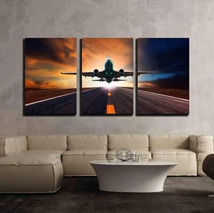 Wall26-Jet Plane Flying Over Runway-Canvas Art Wall Home-24x36x3Panels Free Ship - Picture 1 of 3