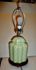 Soft Green Ceramic Lamp With Diamond Pattern On Oval Footed Wooden Base