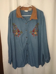 White Stag Womens Embroidered Denim Button Top 26W/ 28W Cottage Country Barn - Picture 1 of 9