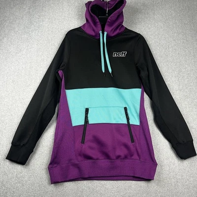 Neff Hoodie Mens Medium Black Purple Aqua Pullover Braving The Elements Pockets - Image 1 of 4