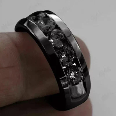 3Ct Lab Created Diamond Men's Wedding Band Ring 14K Black Gold Plated Round Cut - Image 1 of 4