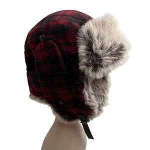 Old Navy Wool blend Red Black Plaid Trapper Hat Faux Fur Trim Winter Mens L/XL - Picture 1 of 6
