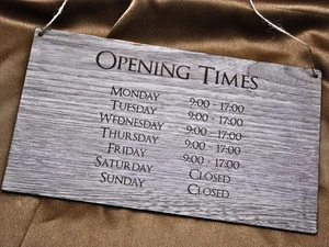 Shop Opening Times with Logo Personalised Walnut Veneered Engraved Solid Wood Wo - Picture 1 of 4