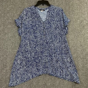 Cocomo 1X Tunika Oberteil blau weiß geometrisches Muster Kurzarm Haifischsaum dehnbar - Bild 1 von 5