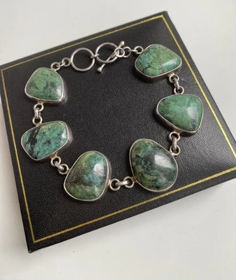 Vintage 925 Sterling Silver African Turquoise T Bar Crystal Bracelet - Image 1 of 4