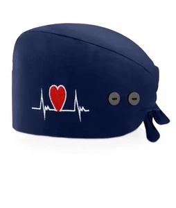 Scrub Skull Cap Medical Doctor Nurse Blue Red Embroidered Heart EKG Veterinarian - Picture 1 of 3