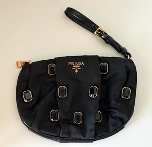 Prada Black Nero Nylon Tessuto Pietre Jeweled Gem Pouch Purse Bag Wristlet Gold - Picture 1 of 11