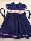 Girl's Marmellata Dark Blue Dress/ White Polka Dots & Pink Smocked Whales Sz: 5