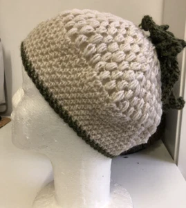 Handmade Crochet Hat - Adult Size- Soft wool & Acrylic mix Yarn- Neutral & Green - Picture 1 of 7