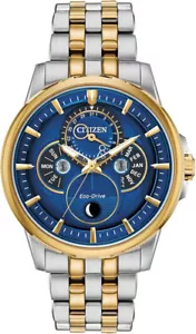 NEW CITIZEN ECO DRIVE CALENDRIER MOON PHASE BLUE DIAL TWO TONE WATCH BU0054-52L - Picture 1 of 5