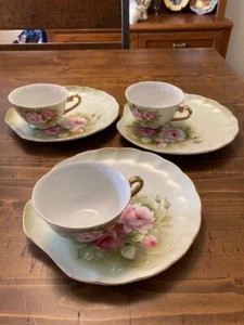 3 Sets of Vintage Lefton China Green Heritage Rose Snack Plates & Teacups #3071 - Picture 1 of 10
